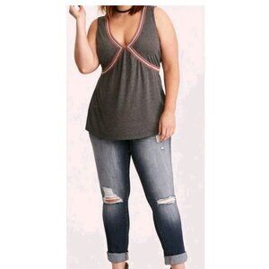 Torrid Embroidered V Neck Sheer Lace Back Tank Grey Pink  Sz 2 ( Size XL)